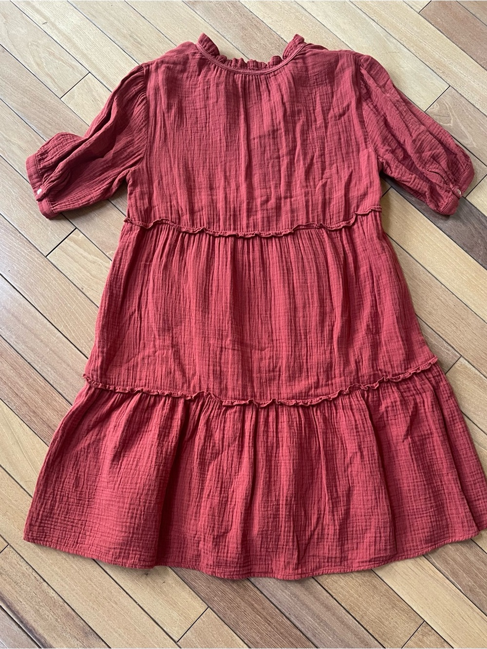 DREW Cotton Gauze Tiered Dress Small Rust Red Ruffle Neck Boho Cottagecore - Picture 3 of 8